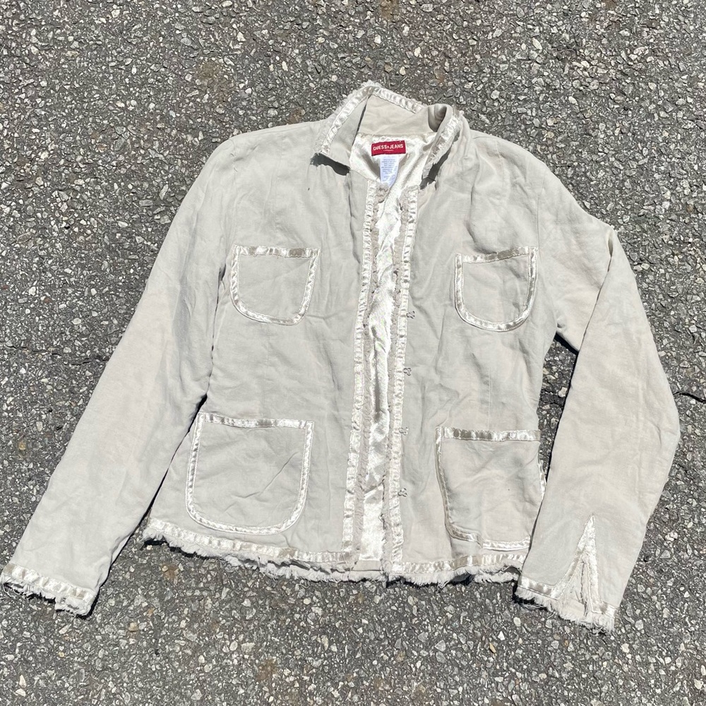 Guess Linen Satin Beige Crème Blazer Jacket Pockets Women’s Small Petite Summer